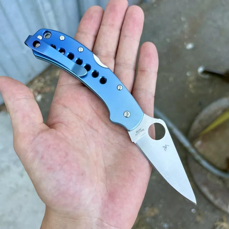 Spyderco Delica 4 MOD 2 Sky Blue Titanium Scales - Clip - Stone Back-Spacer - Satin SPY 27 MOD Knife